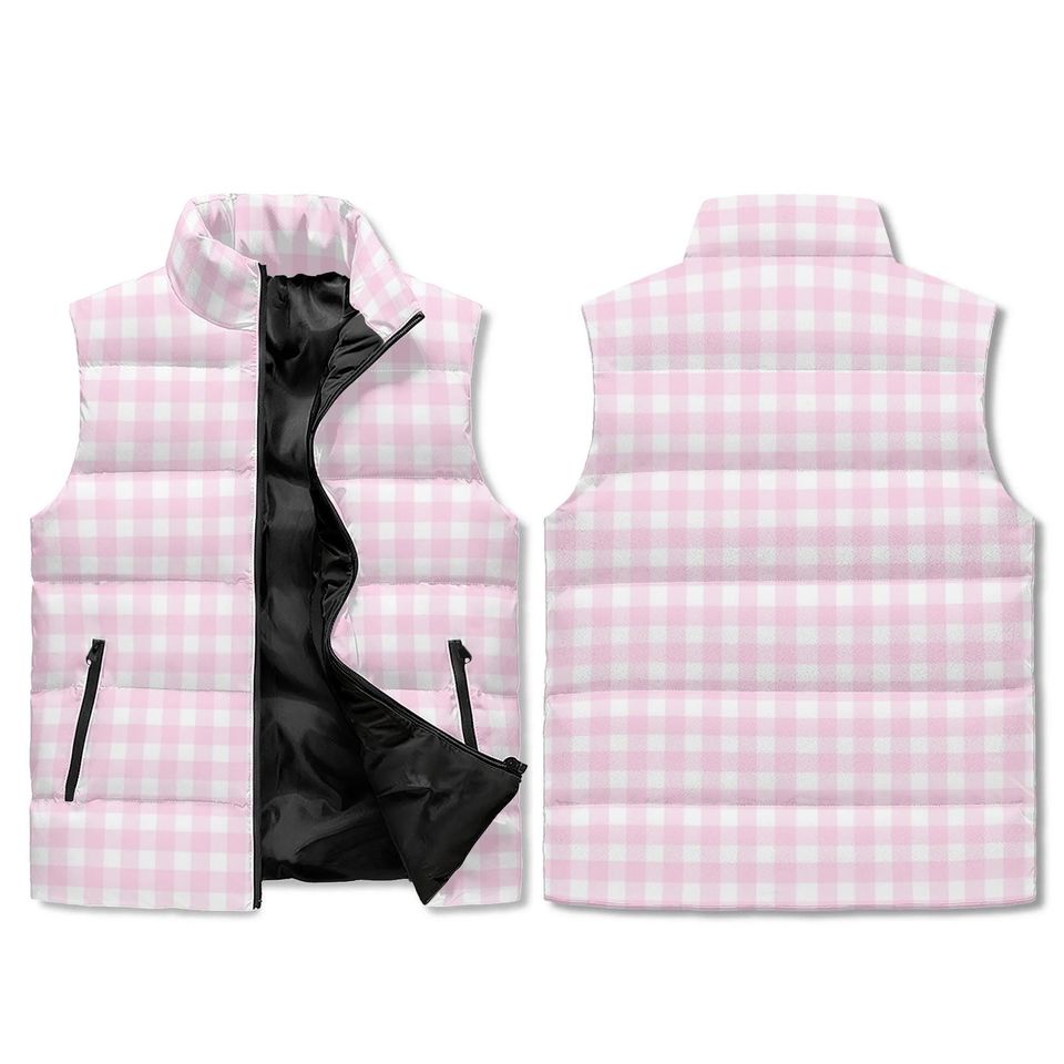 Unisex Retro Pink Gingham Puffer Sleeveless Jacket