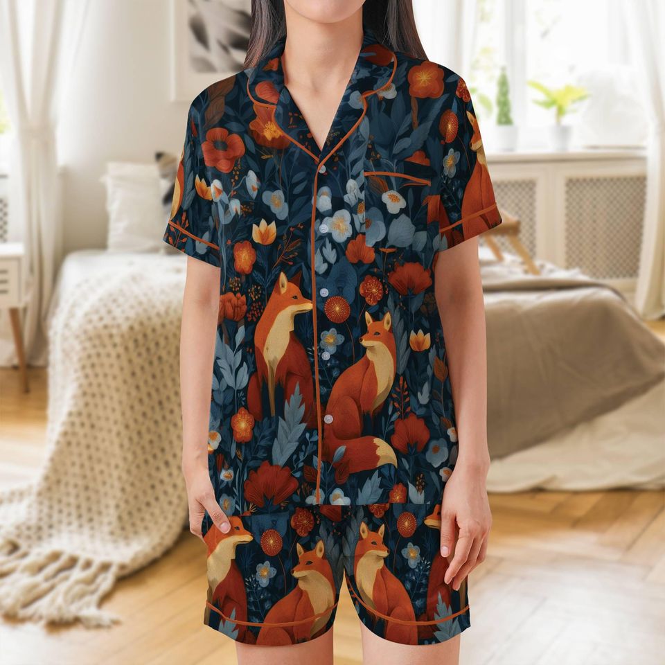 Red Fox Satin Short Pajama Set with Pocket - Women's Sleepwear