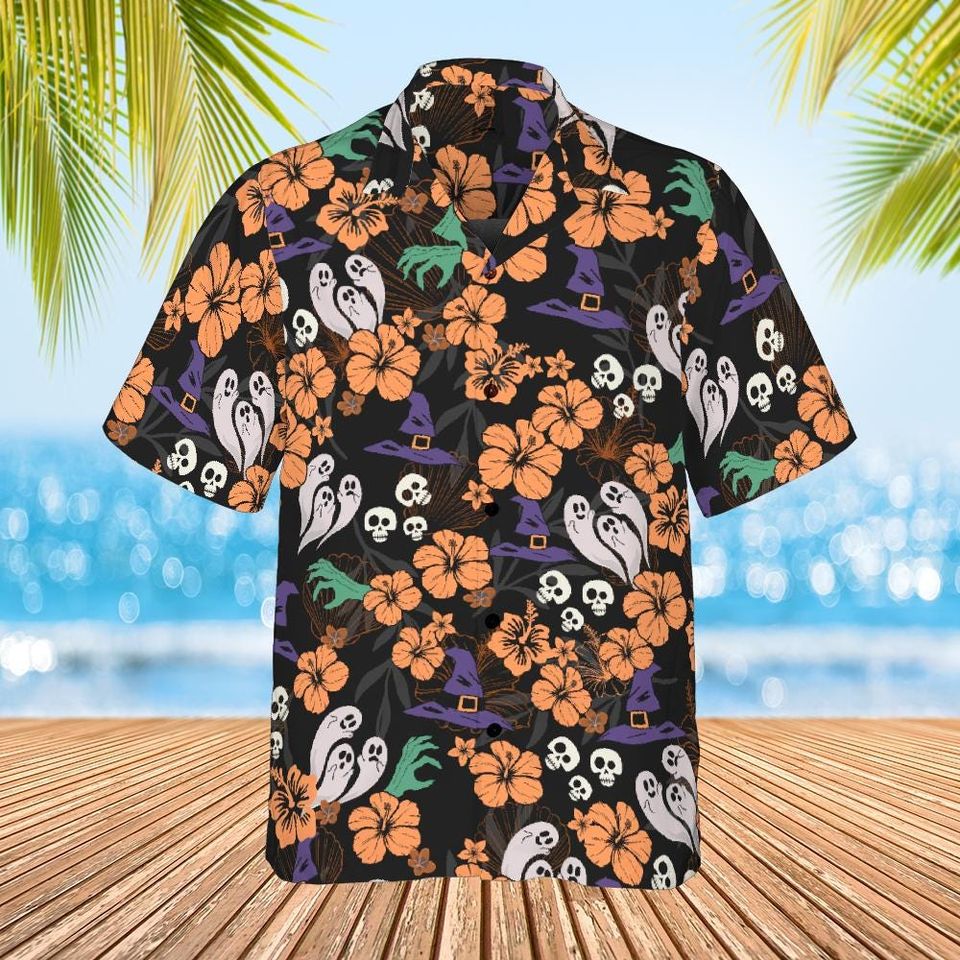 Spooky Halloween Hawaiian Shirt with Ghost Witch and Skeleton Print