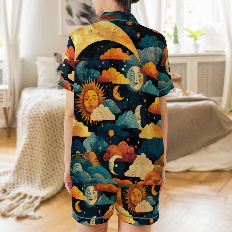 Sun & Moon Satin Short Pajama Set with Pocket for Women