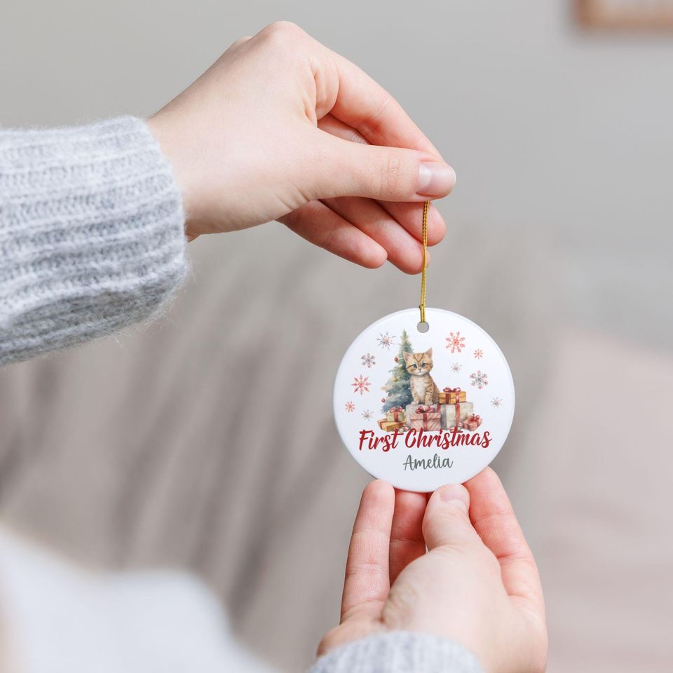 Personalized First Christmas Kitten Ornament: Ceramic Holiday Keepsake