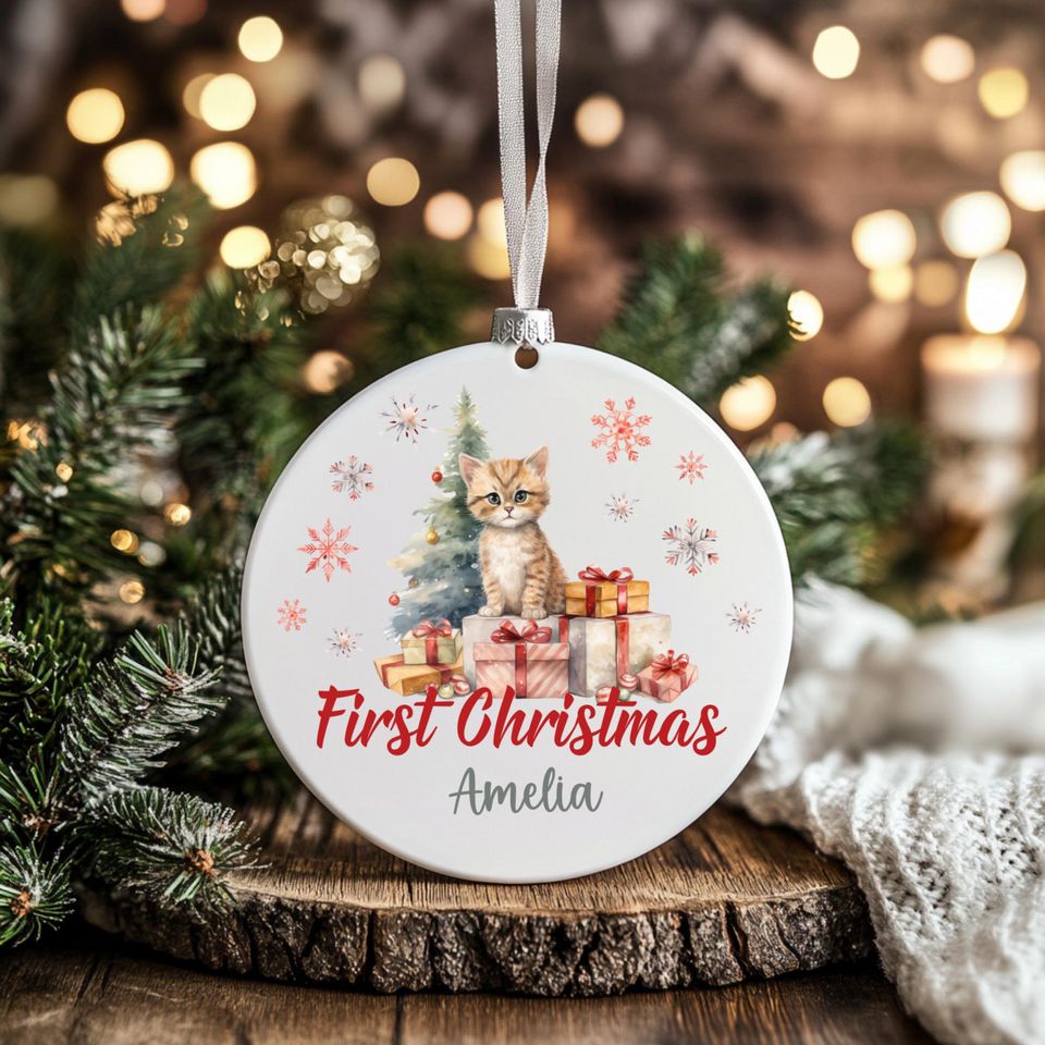 Personalized First Christmas Kitten Ornament: Ceramic Holiday Keepsake