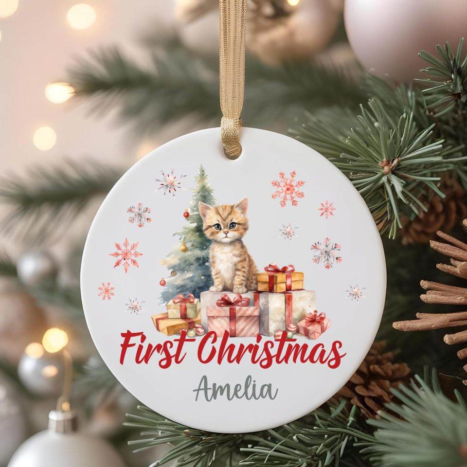 Personalized First Christmas Kitten Ornament: Ceramic Holiday Keepsake