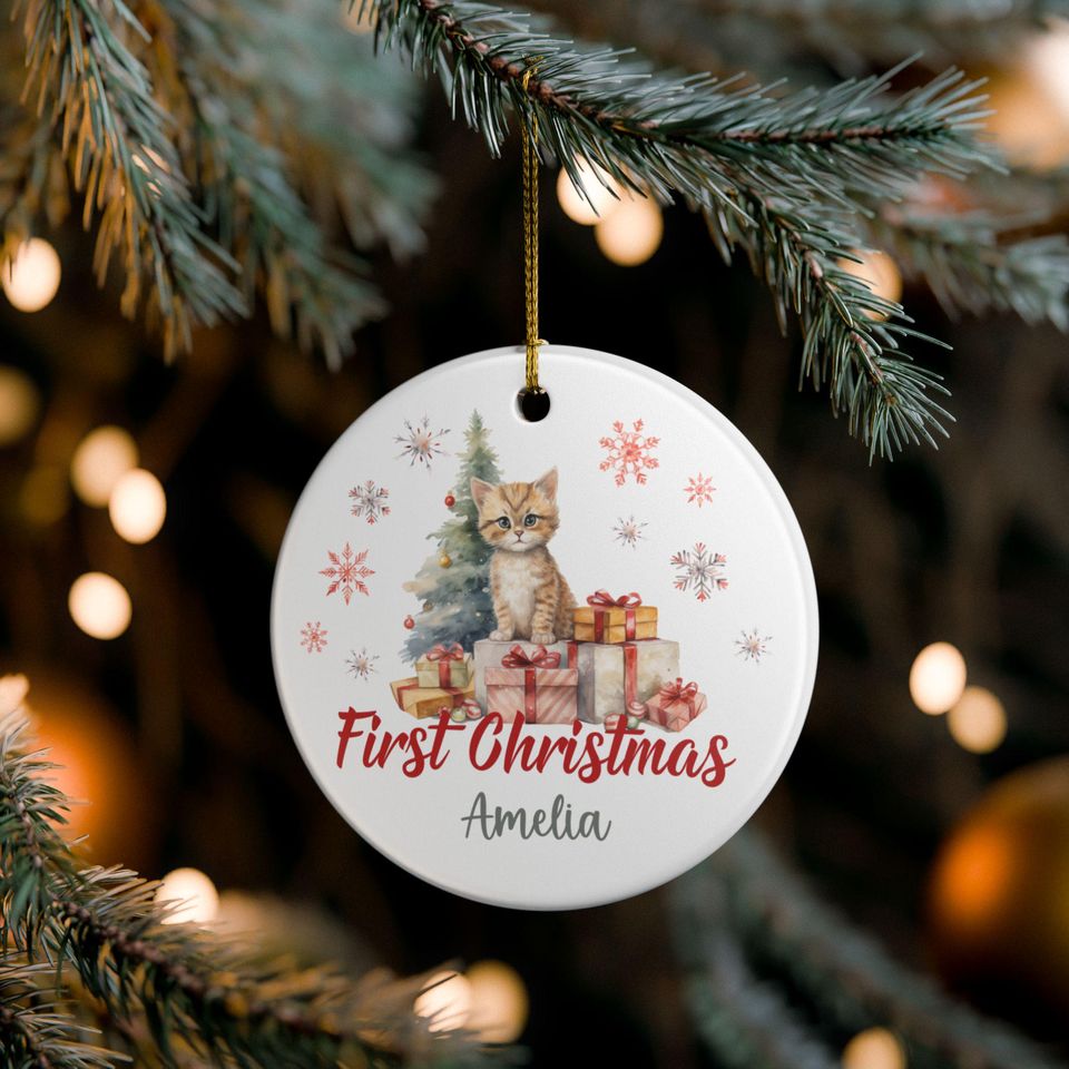 Personalized First Christmas Kitten Ornament: Ceramic Holiday Keepsake