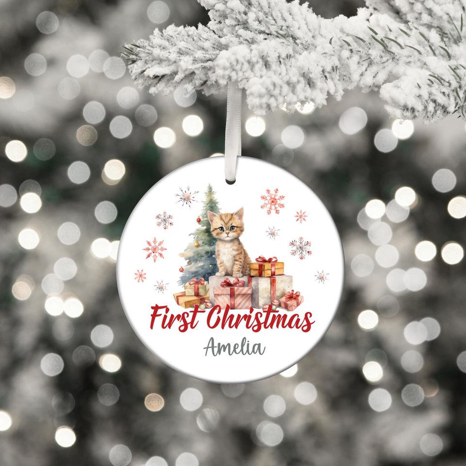 Personalized First Christmas Kitten Ornament: Ceramic Holiday Keepsake