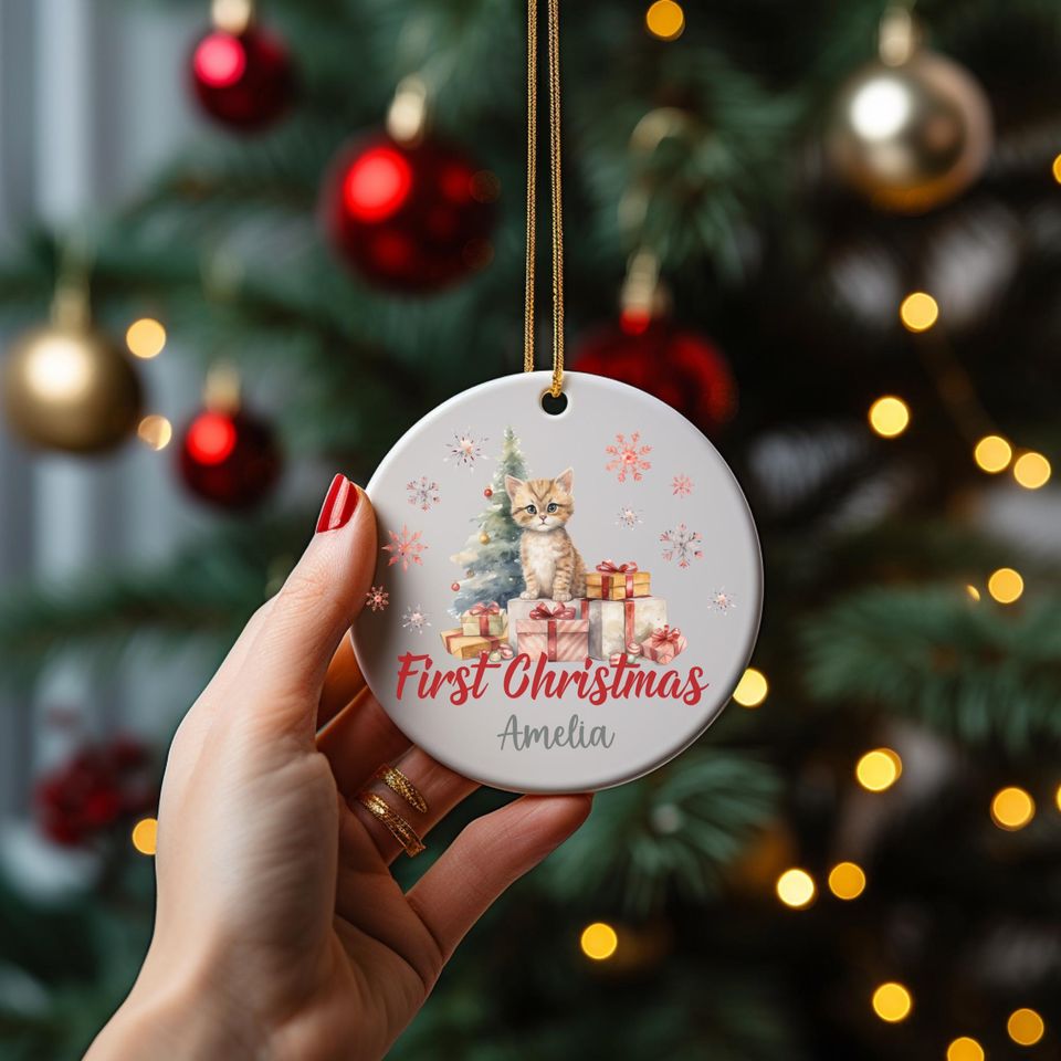 Personalized First Christmas Kitten Ornament: Ceramic Holiday Keepsake