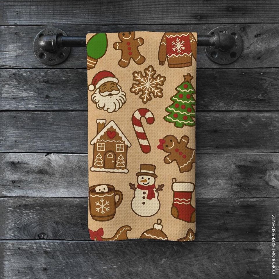 Christmas Cookie Waffle Dish Towel Gingerbread & Cocoa Holiday Print | Microfiber Hand Towel with Kraft Paper Look