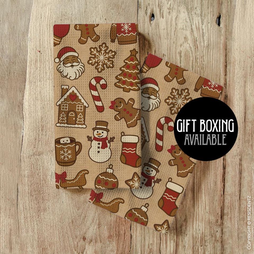 Christmas Cookie Waffle Dish Towel Gingerbread & Cocoa Holiday Print | Microfiber Hand Towel with Kraft Paper Look
