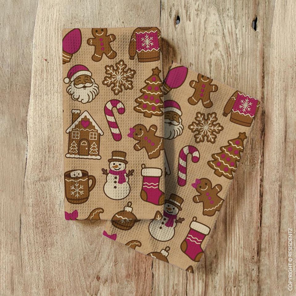Christmas Cookie Waffle Dish Towel Gingerbread & Cocoa Holiday Print | Microfiber Hand Towel with Kraft Paper Look