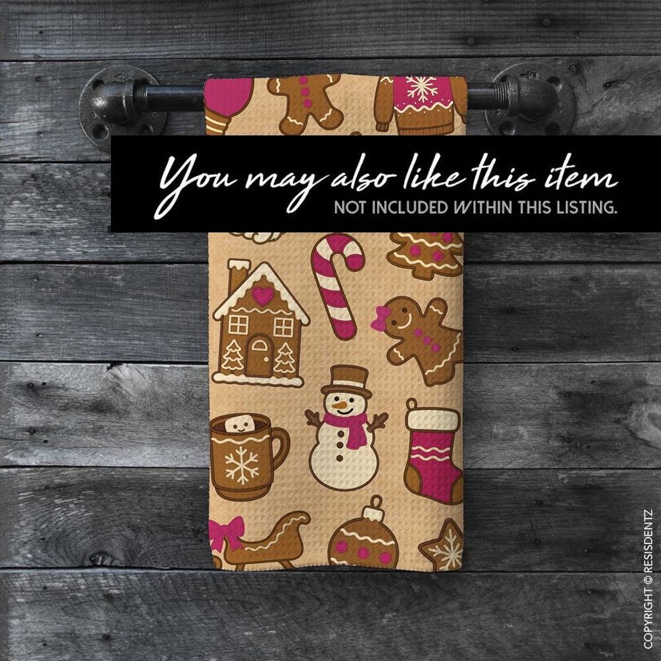 Christmas Cookie Waffle Dish Towel Gingerbread & Cocoa Holiday Print | Microfiber Hand Towel with Kraft Paper Look