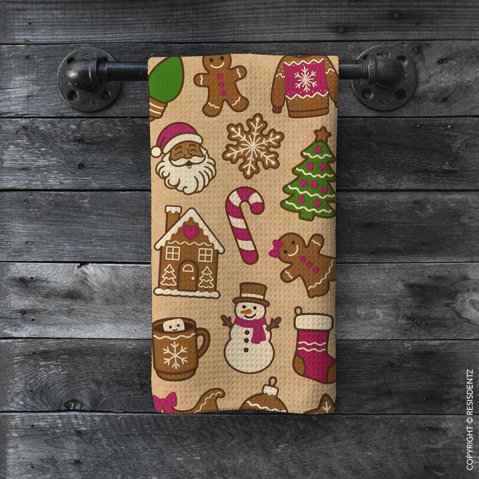 Christmas Cookie Waffle Dish Towel Gingerbread & Cocoa Holiday Print | Microfiber Hand Towel with Kraft Paper Look