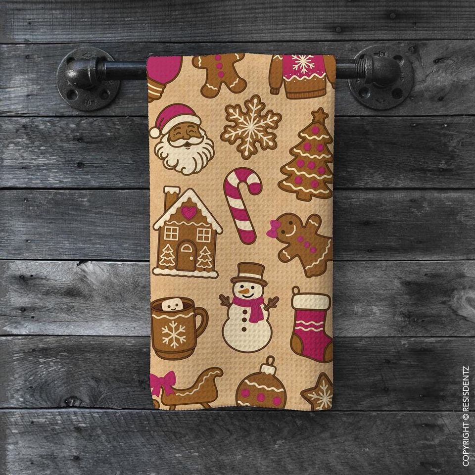 Christmas Cookie Waffle Dish Towel Gingerbread & Cocoa Holiday Print | Microfiber Hand Towel with Kraft Paper Look