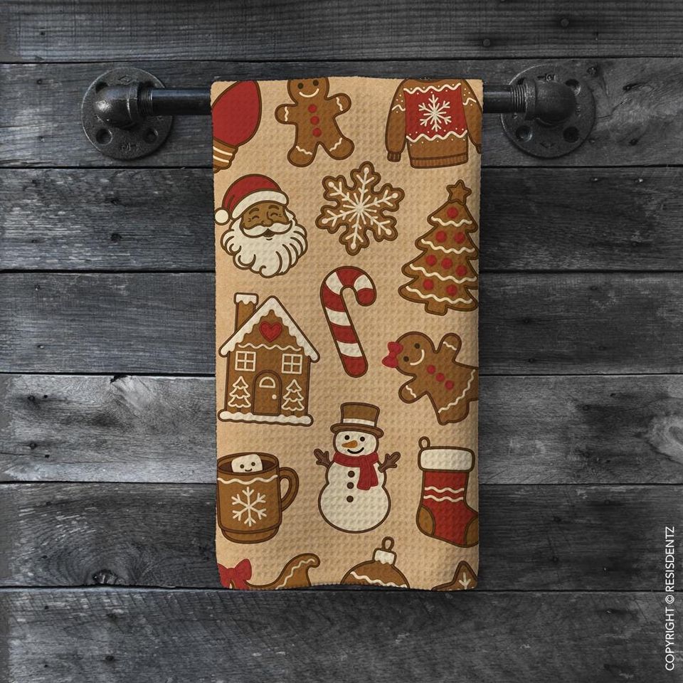 Christmas Cookie Waffle Dish Towel Gingerbread & Cocoa Holiday Print | Microfiber Hand Towel with Kraft Paper Look
