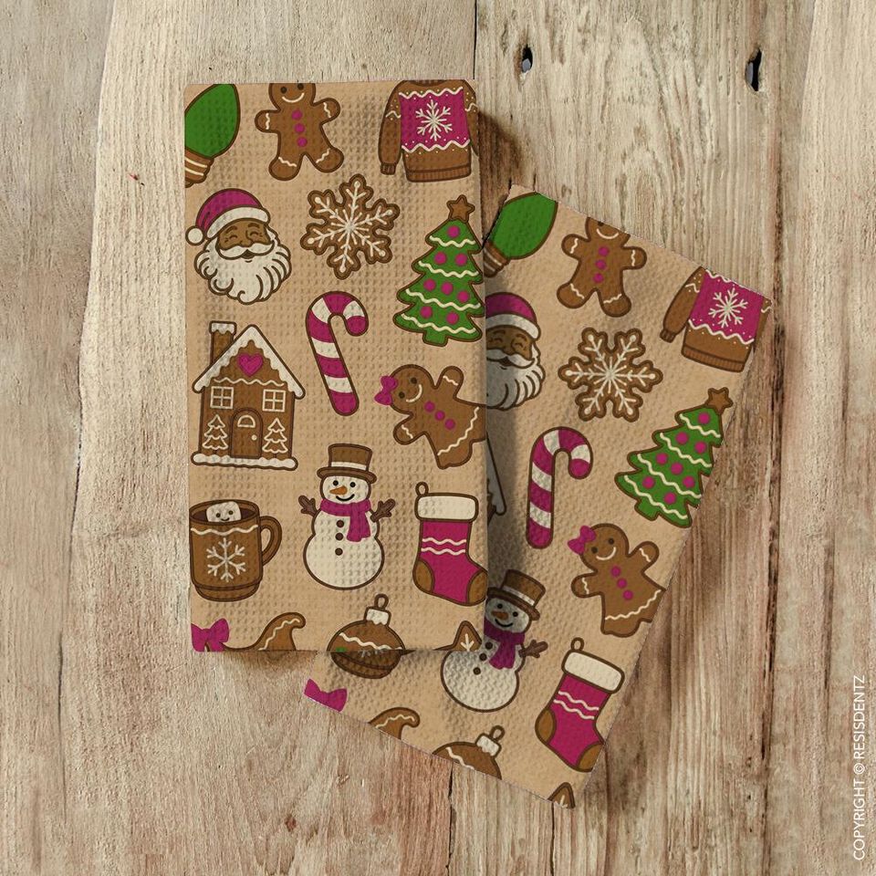 Christmas Cookie Waffle Dish Towel Gingerbread & Cocoa Holiday Print | Microfiber Hand Towel with Kraft Paper Look