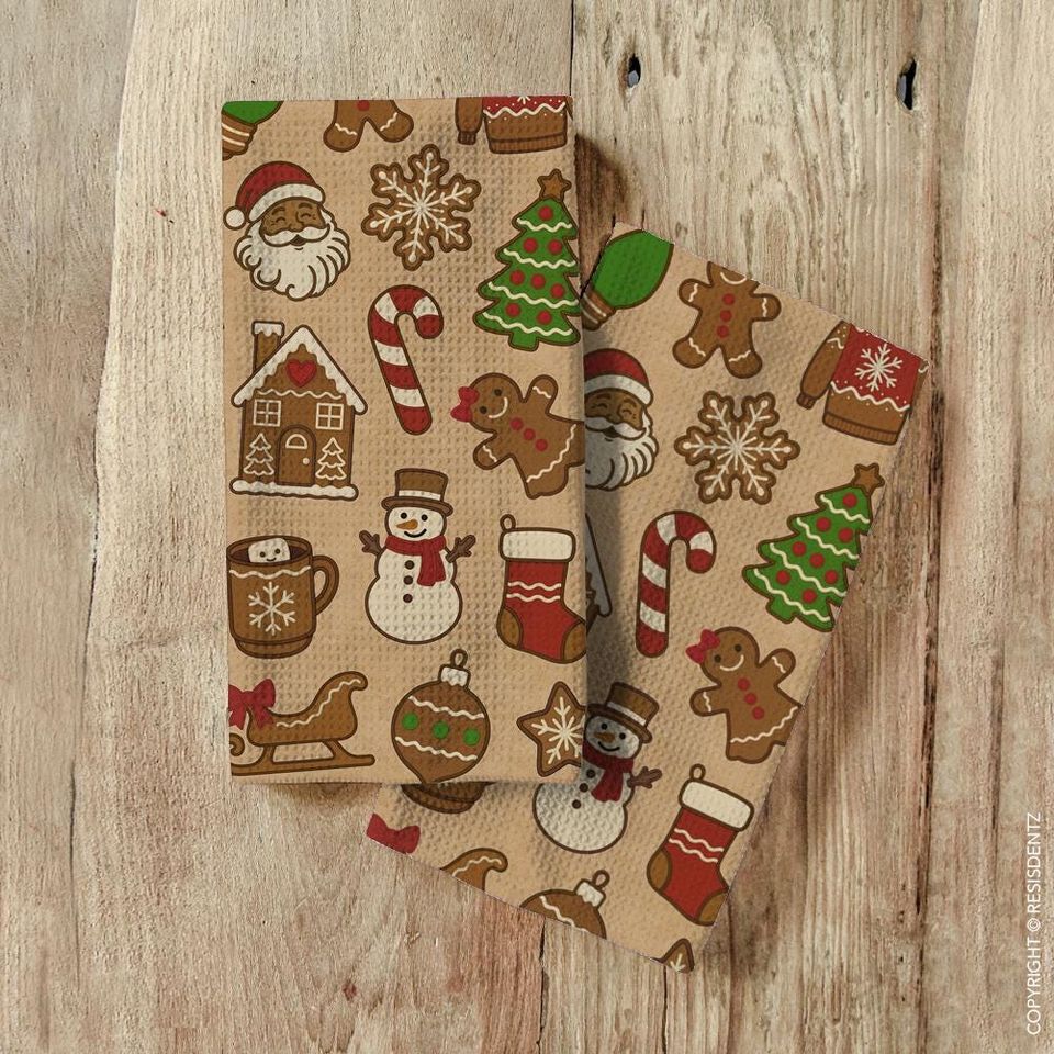 Christmas Cookie Waffle Dish Towel Gingerbread & Cocoa Holiday Print | Microfiber Hand Towel with Kraft Paper Look