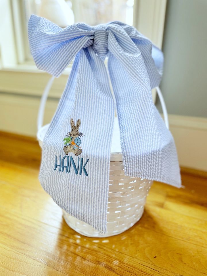 Personalized Easter Basket Seersucker Bow, Flower Girl Basket Bow, New Mom Gift Basket, Baby Girl Gift Basket, Easter Egg Hunt, Easter Bunny