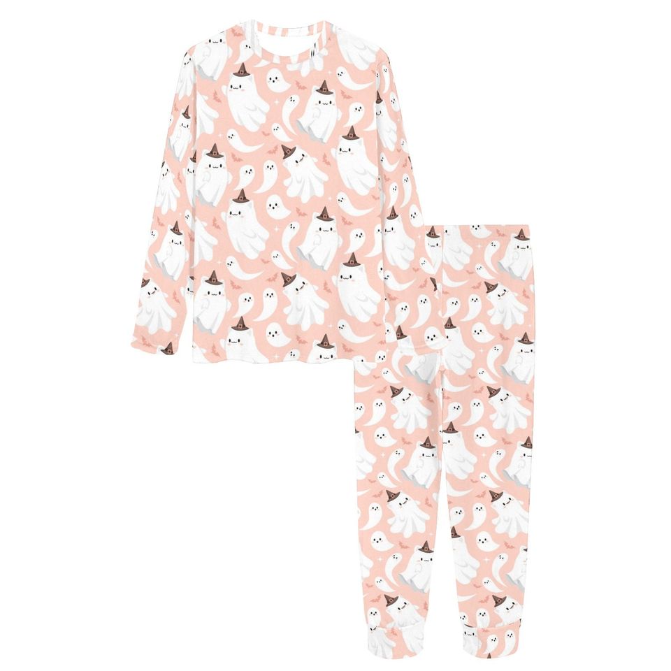 Cute Pink Cat ghost PJ set, women witchy bat pull over lounge pajamas