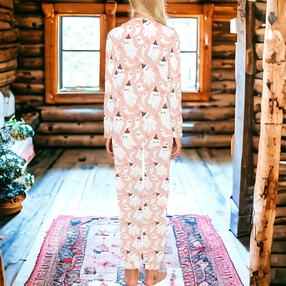 Cute Pink Cat ghost PJ set, women witchy bat pull over lounge pajamas