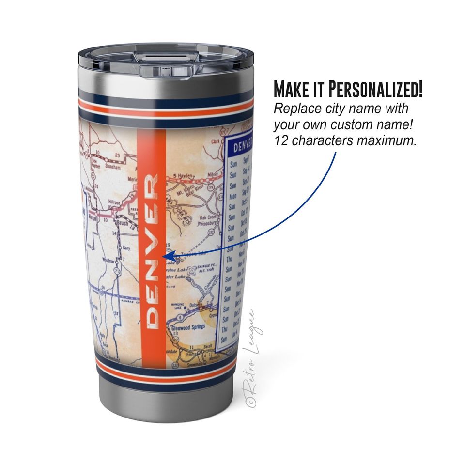 Denver Broncos Tumbler  Vintage Map, 20oz Stainless Steel Travel Mug