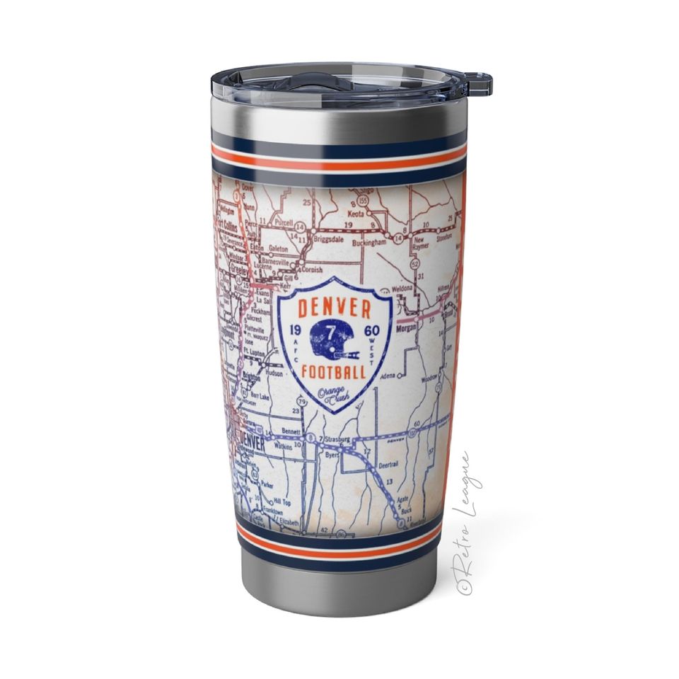 Denver Broncos Tumbler  Vintage Map, 20oz Stainless Steel Travel Mug