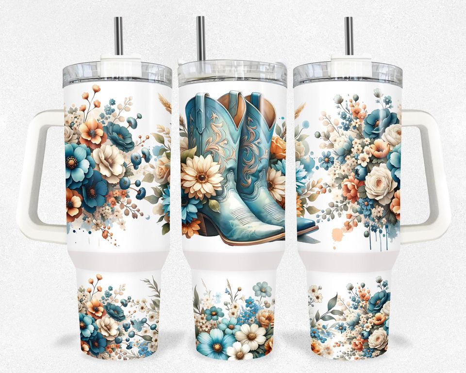 Cowgirl Boots Floral 40oz Tumbler Wrap: Western Sublimation Design