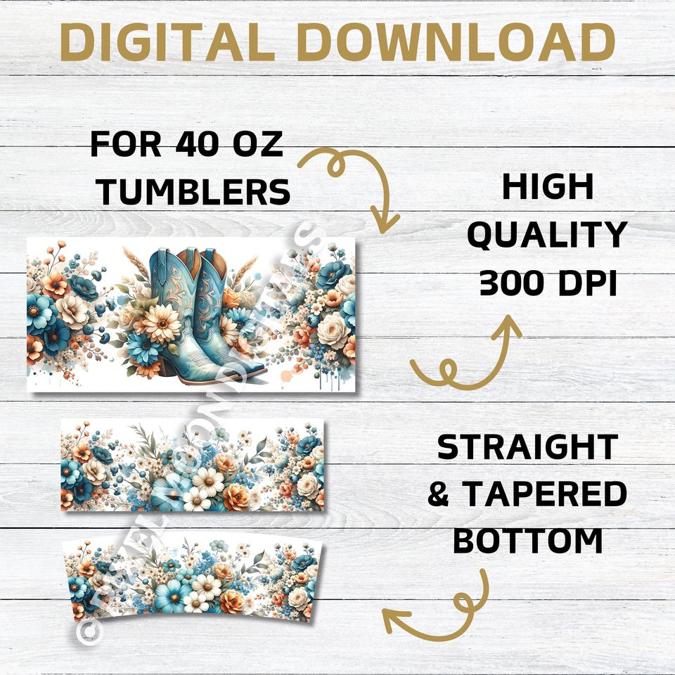 Cowgirl Boots Floral 40oz Tumbler Wrap: Western Sublimation Design