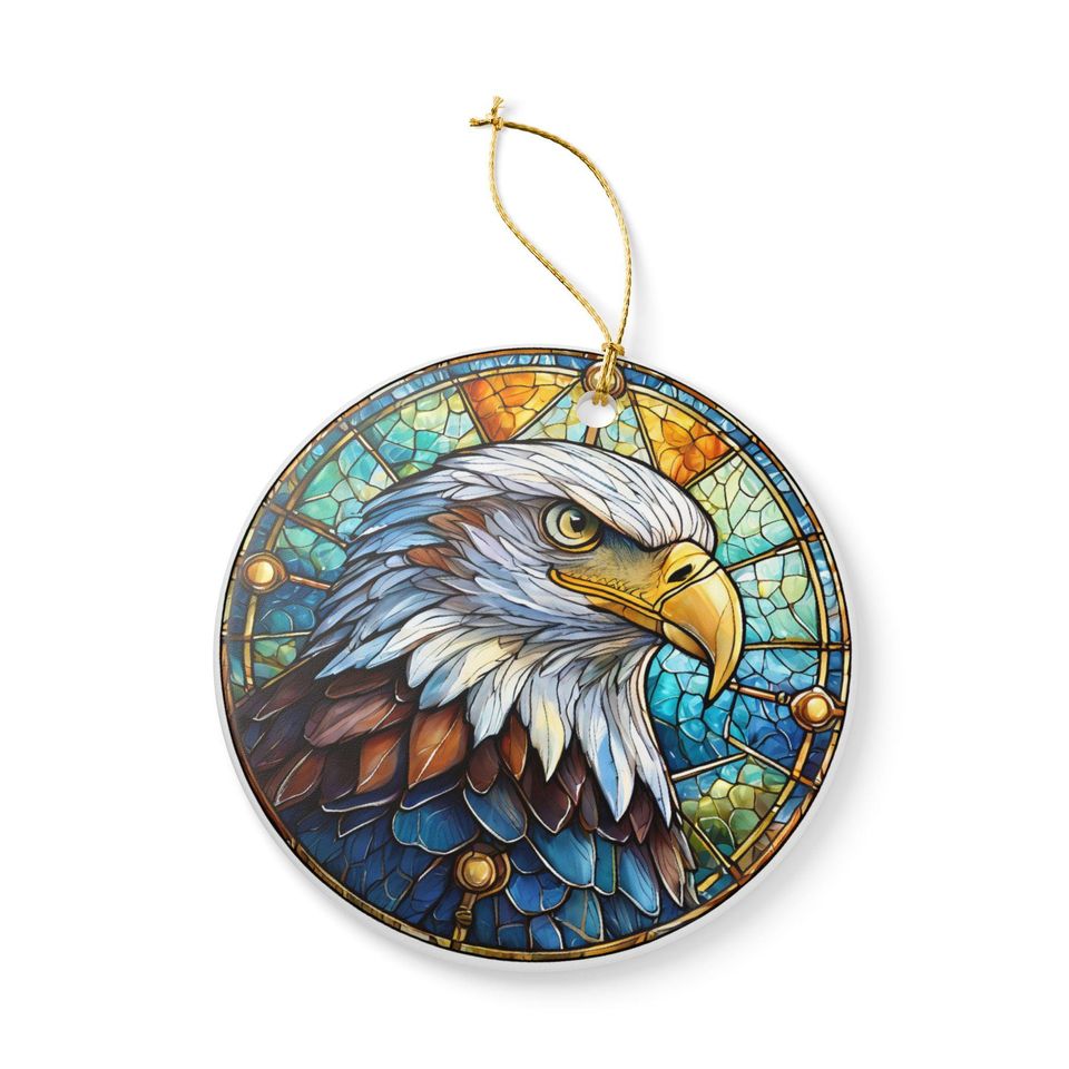 Faux Bald Eagle Stained Glass Ornament Ceramic Decoration, Round Hanging Keepsake