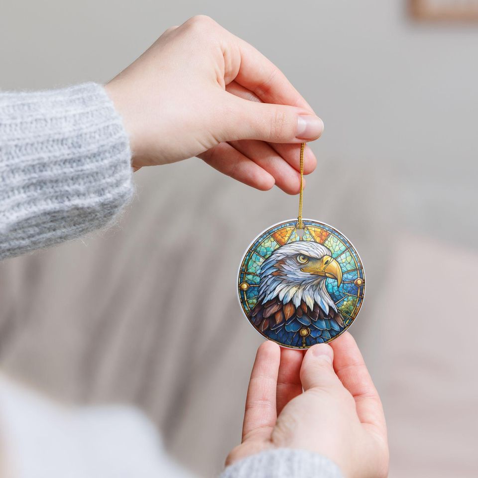 Faux Bald Eagle Stained Glass Ornament Ceramic Decoration, Round Hanging Keepsake