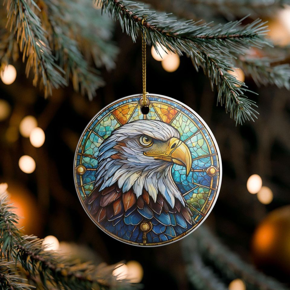 Faux Bald Eagle Stained Glass Ornament Ceramic Decoration, Round Hanging Keepsake