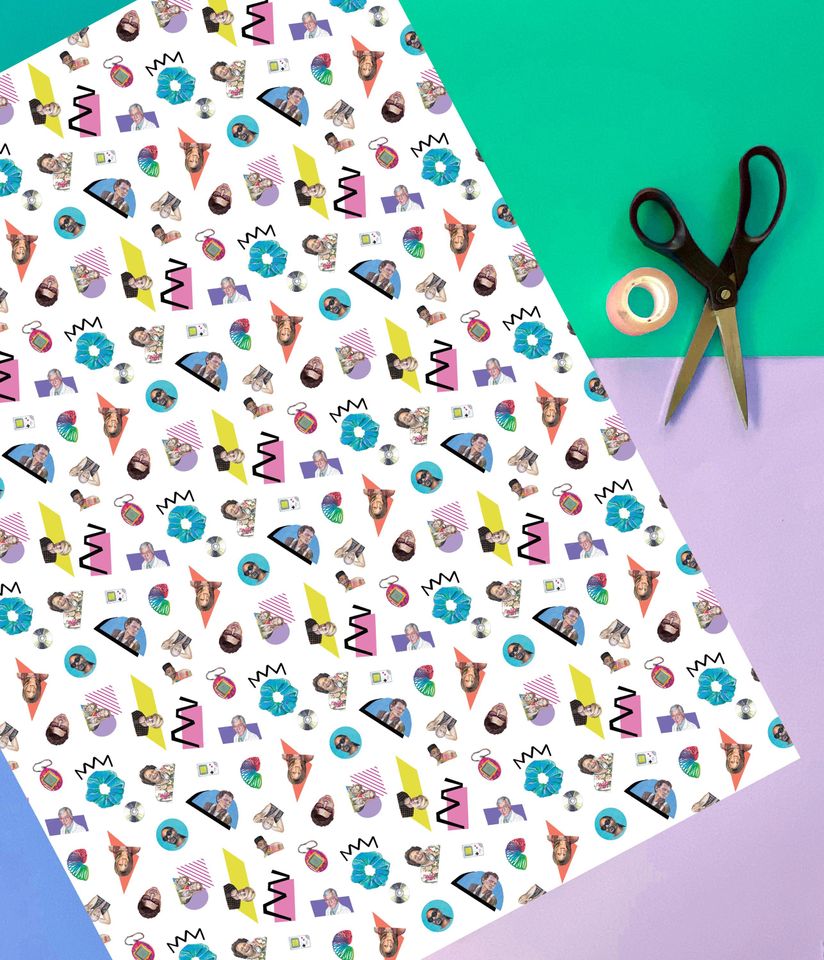 90s Nostalgia Wrapping Paper: Retro Icons, Bold Shapes, Hand-Cut Collage