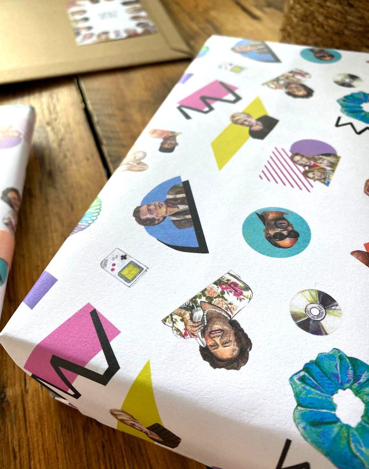 90s Nostalgia Wrapping Paper: Retro Icons, Bold Shapes, Hand-Cut Collage