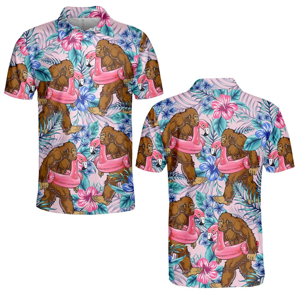 Bigfoot Golf Polo Shirts for Men, Bigfoot Sasquatch Golf Player Polo Shirts