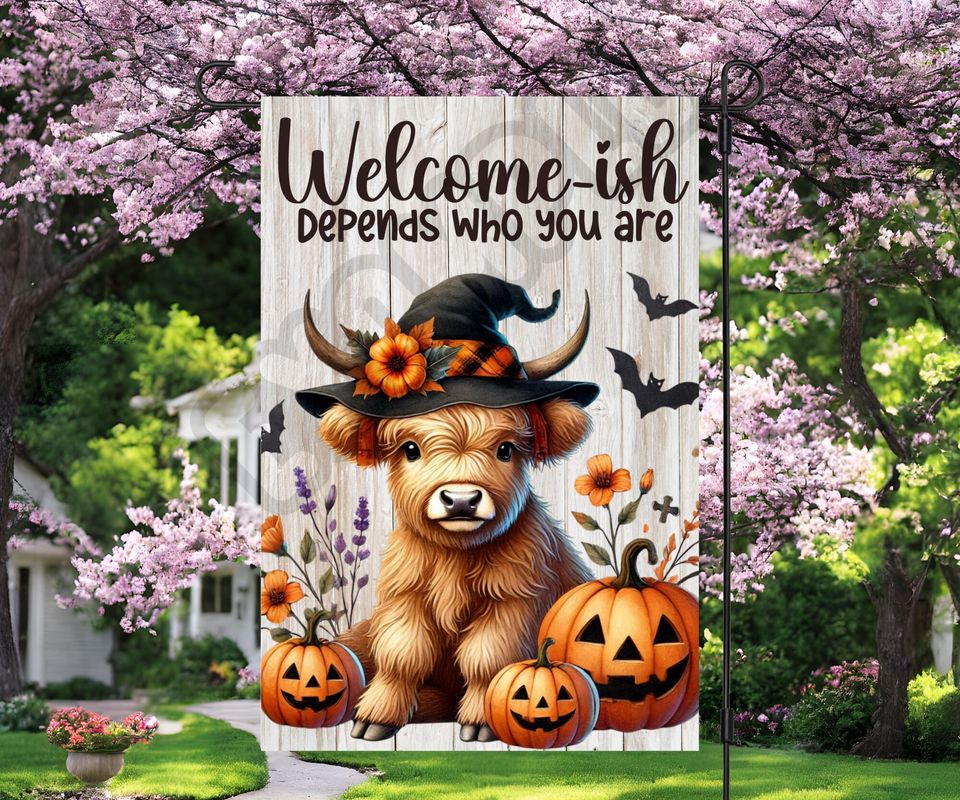 Funny Halloween Highland Cow Garden Flag Sublimation Design