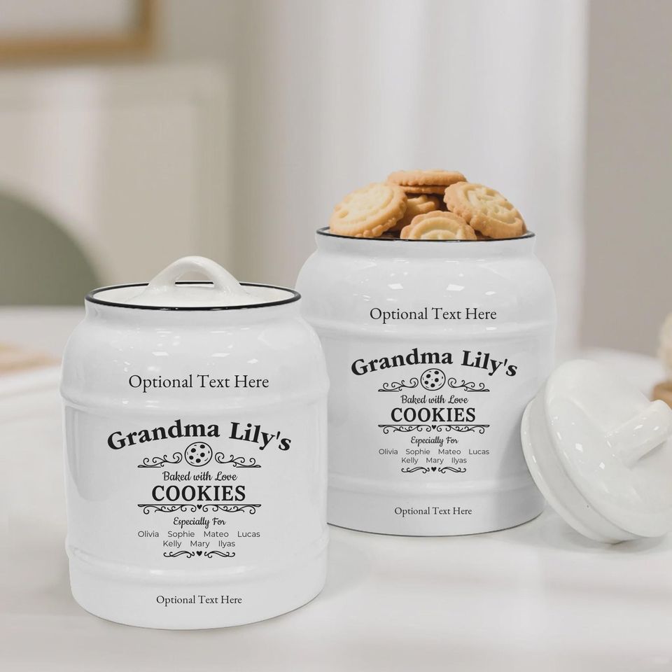 Custom Grandma Cookie Jar  Personalized Ceramic Jar, Baked with Love, Family Names, Gift for Grandma or Mom, Kitchen Decor