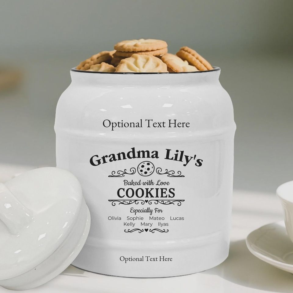 Custom Grandma Cookie Jar  Personalized Ceramic Jar, Baked with Love, Family Names, Gift for Grandma or Mom, Kitchen Decor