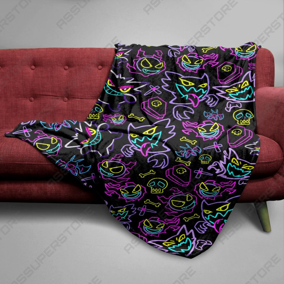 Gengar Fleece Blanket Neon Glow Spooky Pattern Cozy Cotton Throw Blanket Home Decor