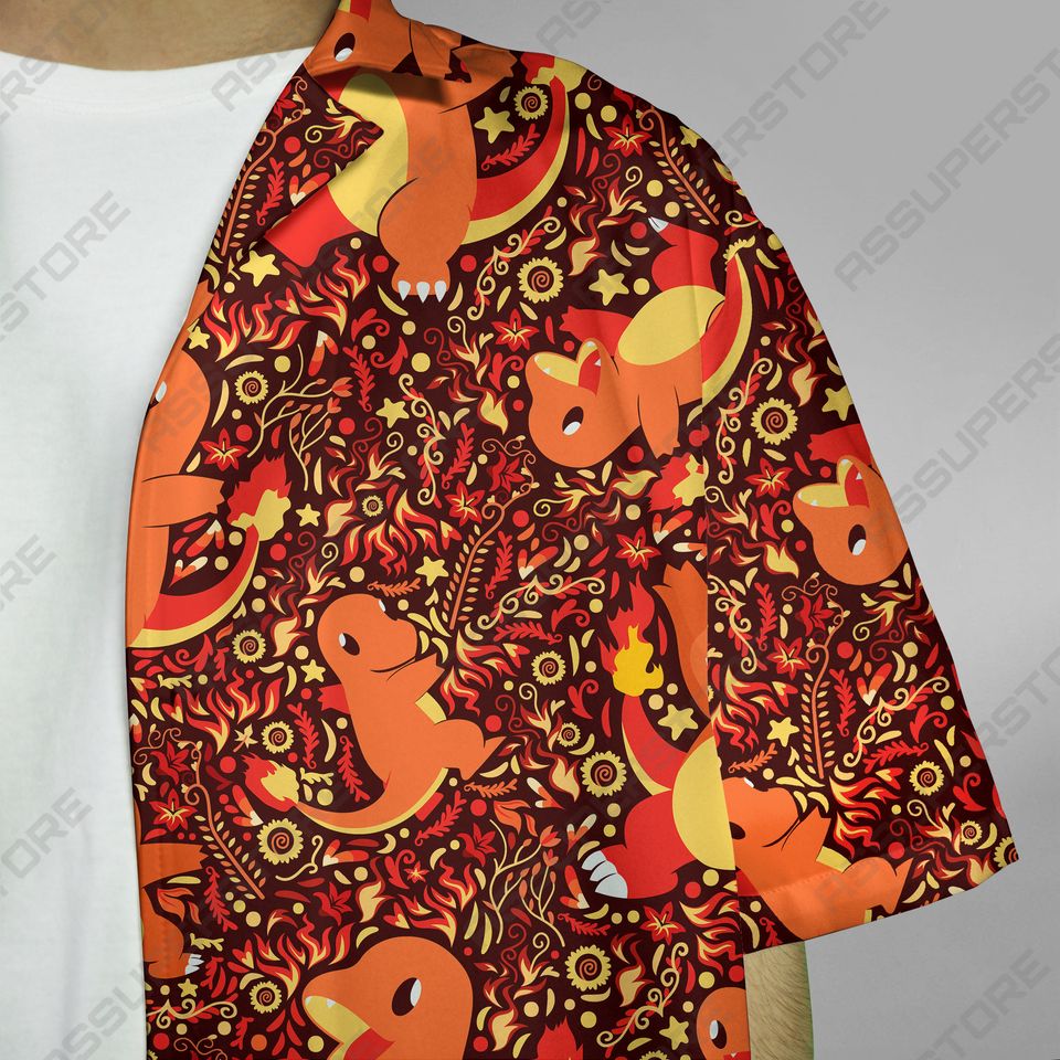 Charmander Hawaiian Japanese Anime Button-Up Shirt Summer Hawaiian Fire Charmander Shirt Gift