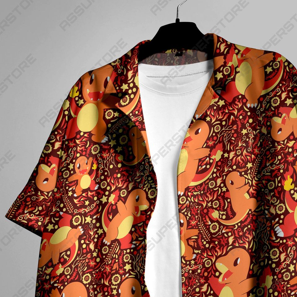 Charmander Hawaiian Japanese Anime Button-Up Shirt Summer Hawaiian Fire Charmander Shirt Gift