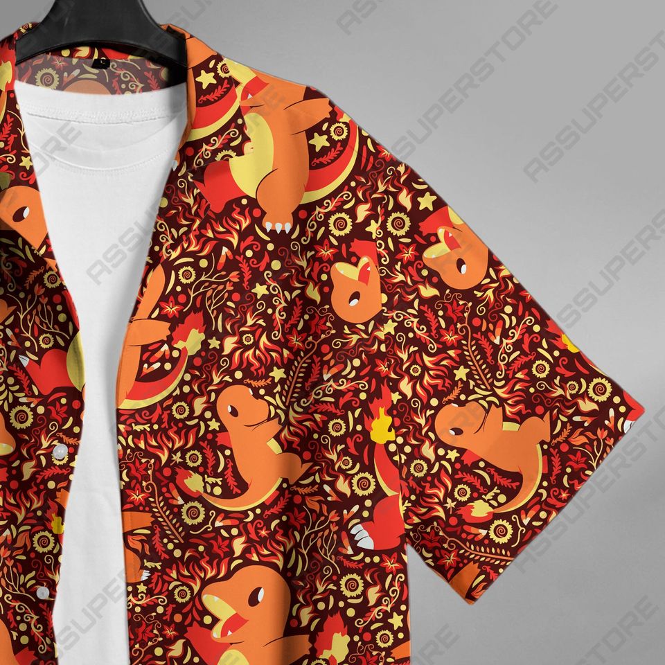 Charmander Hawaiian Japanese Anime Button-Up Shirt Summer Hawaiian Fire Charmander Shirt Gift