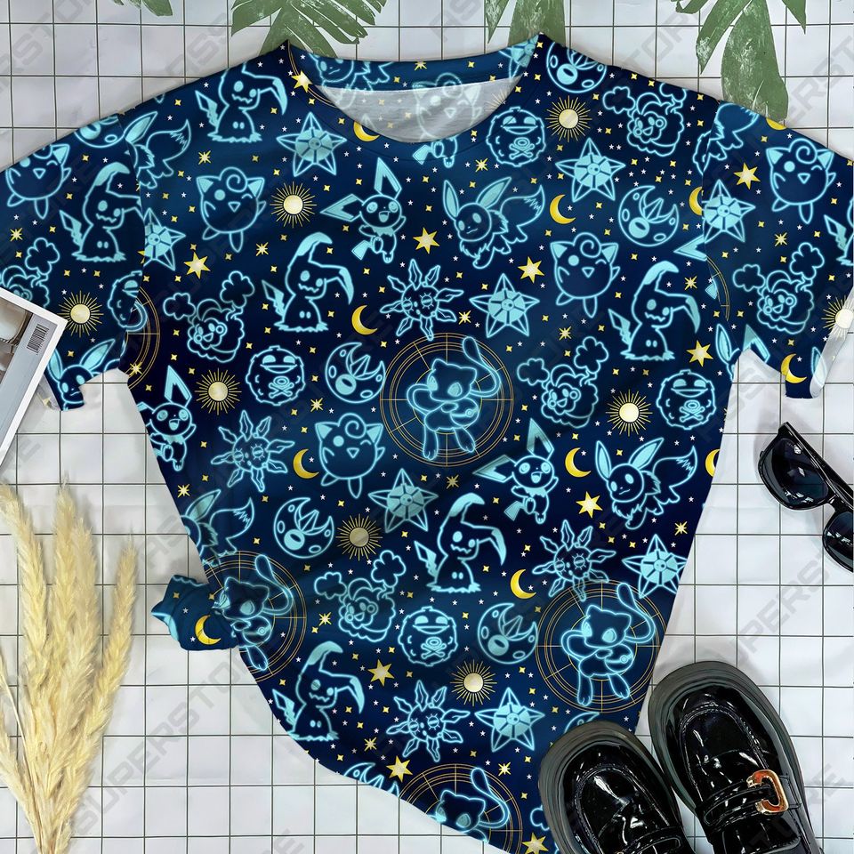 Pika Jigglypuff Neon Blue Funny Tshirt Mew Jigglypuff Design Tshirt