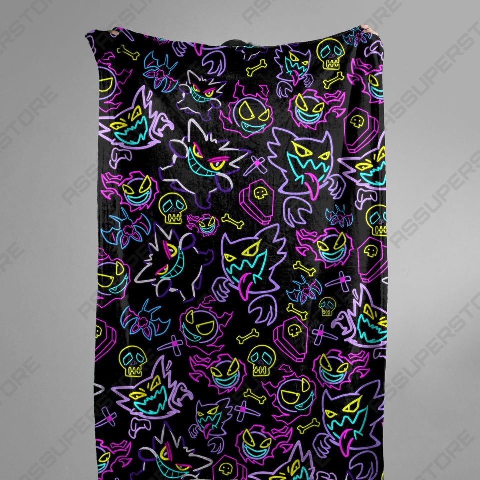 Gengar Fleece Blanket Neon Glow Spooky Pattern Cozy Cotton Throw Blanket Home Decor