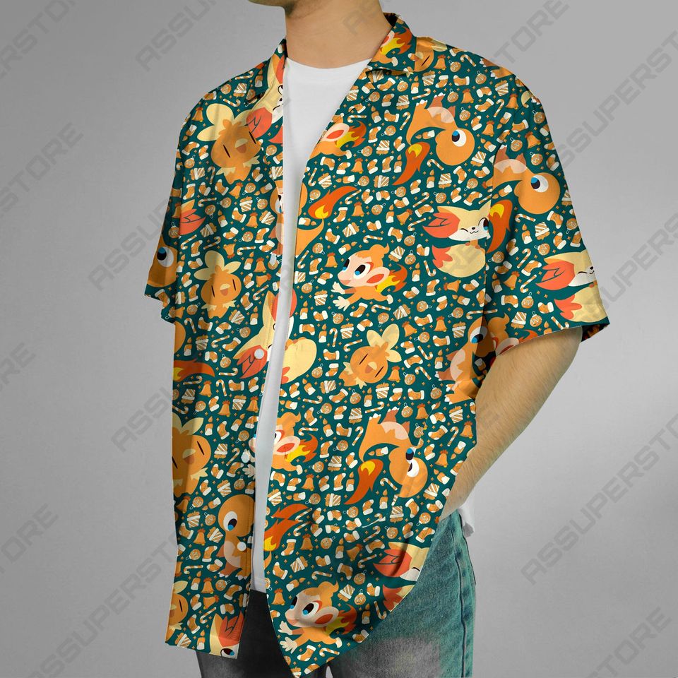 Charmander Hawaiian Button Up Shirt,  Fire Charmander Shirt Gift