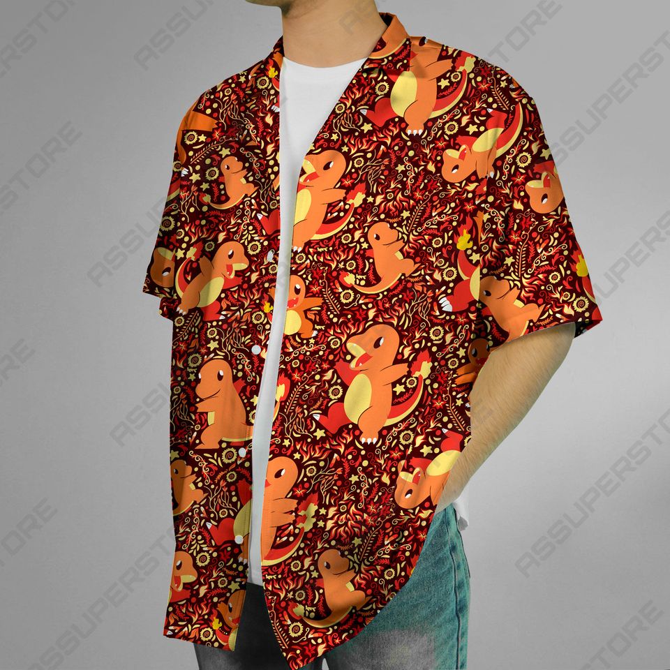 Charmander Hawaiian Japanese Anime Button-Up Shirt Summer Hawaiian Fire Charmander Shirt Gift
