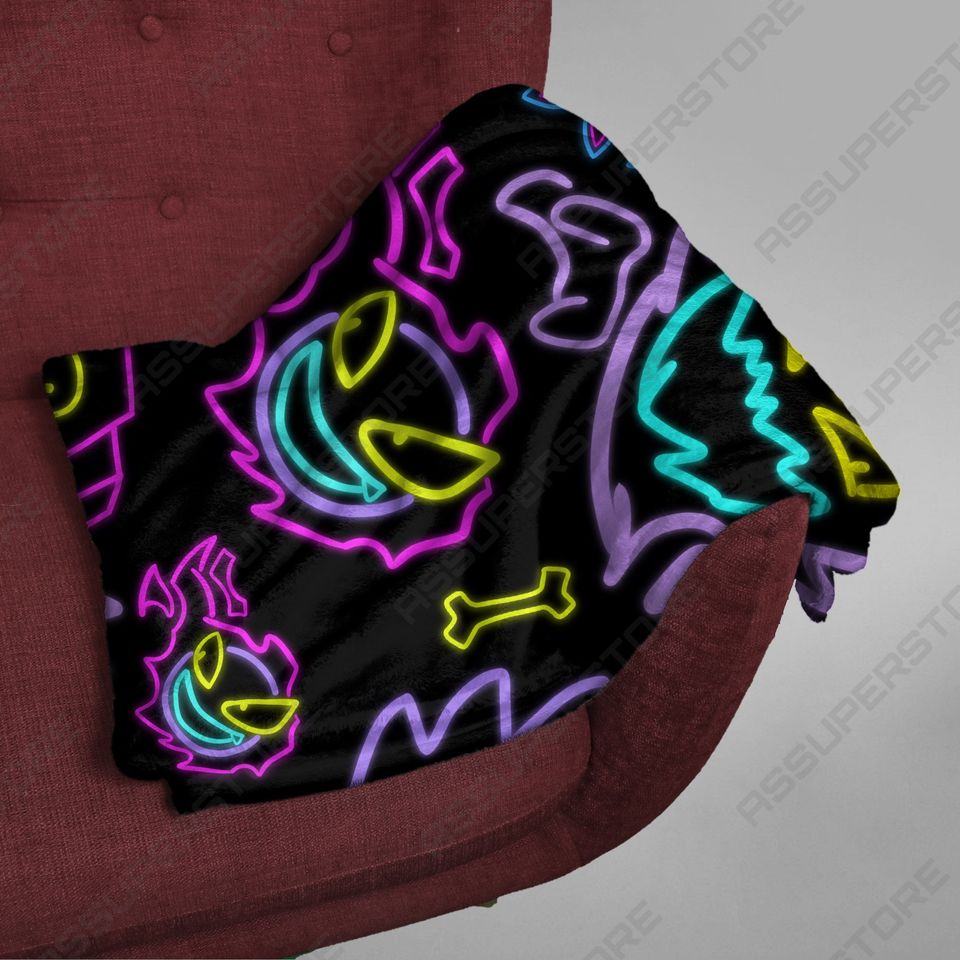 Gengar Fleece Blanket Neon Glow Spooky Pattern Cozy Cotton Throw Blanket Home Decor