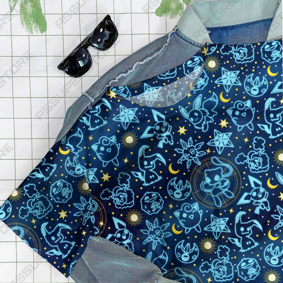 Pika Jigglypuff Neon Blue Funny Tshirt Mew Jigglypuff Design Tshirt