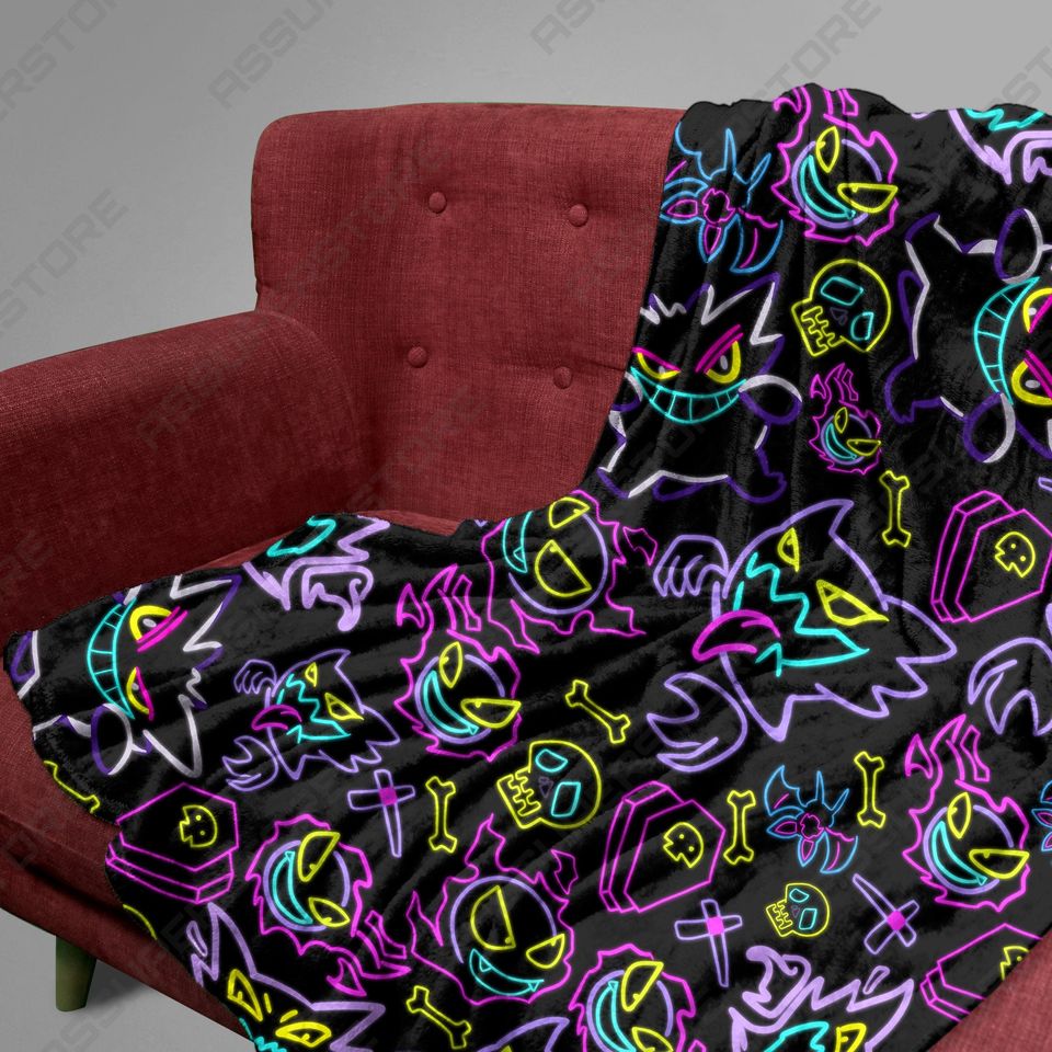 Gengar Fleece Blanket Neon Glow Spooky Pattern Cozy Cotton Throw Blanket Home Decor