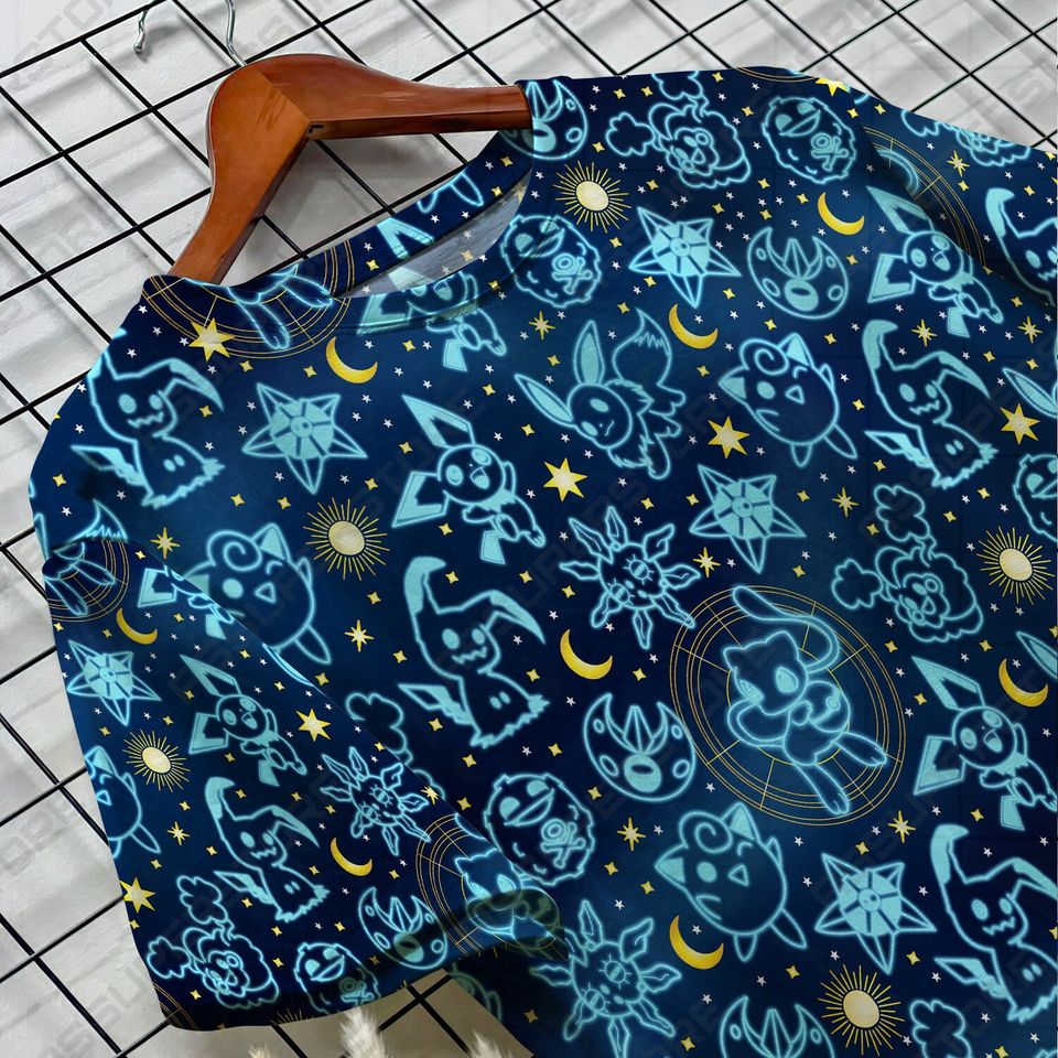 Pika Jigglypuff Neon Blue Funny Tshirt Mew Jigglypuff Design Tshirt