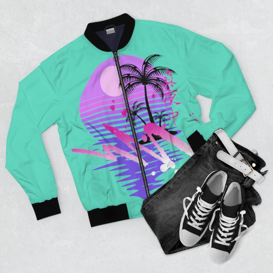 Pastel Synthwave Sunset 80's 90's Palm Tree Bomber Jacket