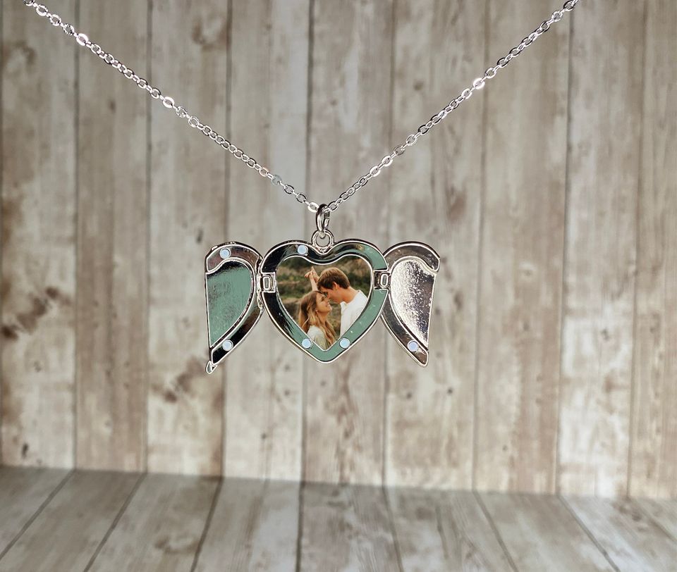 Personalized Photo Locket Necklace: Heart & Angel Wings - Valentine's Gift