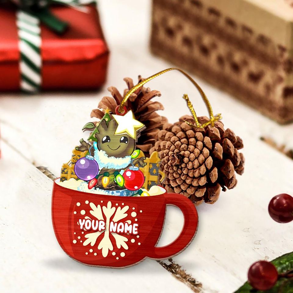 Custom Name Christmas Groot Ornament, Christmas Hot Cocoa Ornament